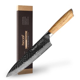 hecef Damascus Gyuka Knife 8.0 inches (203 mm) 9Cr18Mov Steel Hammered Pattern Professional Olive Wood Handle Super Sharp for Fruits, Vegetables, Meat