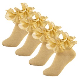 MKYSZLT Girls Ruffle Socks 4 Pairs Gold Shimmering Big Double Layer Lace Ruffles Frilly Dress Socks for Baby Toddler Girl (US, Age, 2 Years, 4 Years, Baby Girls, Gold)