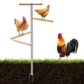 Large Chicken Perch Toys for Coop, Rotatable Wood & Metal Chick Perch Stand with Metal Ground Plug, Birds Training Branch Perch, Chicken Coop Accessories for Large Bird Parrot Poultry Rooster