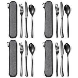 MURRI&MURRDI Stainless Steel Cutlery Set for 4, Reusable Flatware Set with Case, Flatware Set for Home Stainless Steel Knife Fork Spoon Set 12 Piece (B- 12 Black)