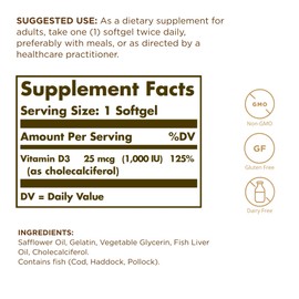 Solgar Vitamin D3 (Cholecalciferol) 25 mcg (1000 IU) - 100 Softgels - Helps Maintain Healthy Bones & Teeth - Immune System Support - Non-GMO, Gluten Free, Dairy Free - 100 Servings