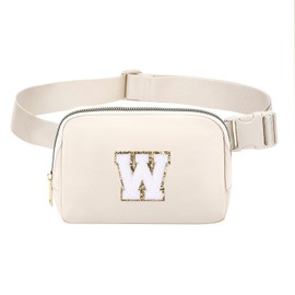 Belt Bag Fanny Pack Crossbody with Chenille Initial Letter Patch for Women Teen Girl,Cute Waist Pack Gym Purse Everywhere Pouch Travel Running Birthday Gift (W, beige)