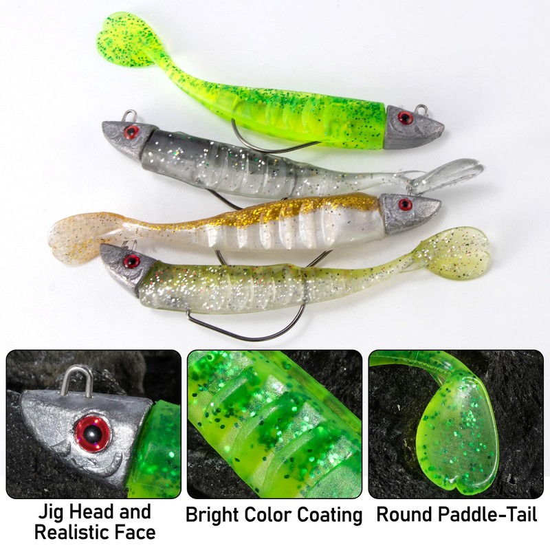 Dr.Fish 3pcs Soft Fishing Lures Jig Head with Paddle Tail