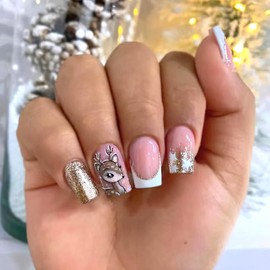 Mkwntg Christmas Press on Nails Short Square Fake Nails with Christmas Reindeer Designs Glossy White French Glue on Nails Winter Xmas Gold Glitter Gradient Snowflake False Nails for Women Girls 24Pcs