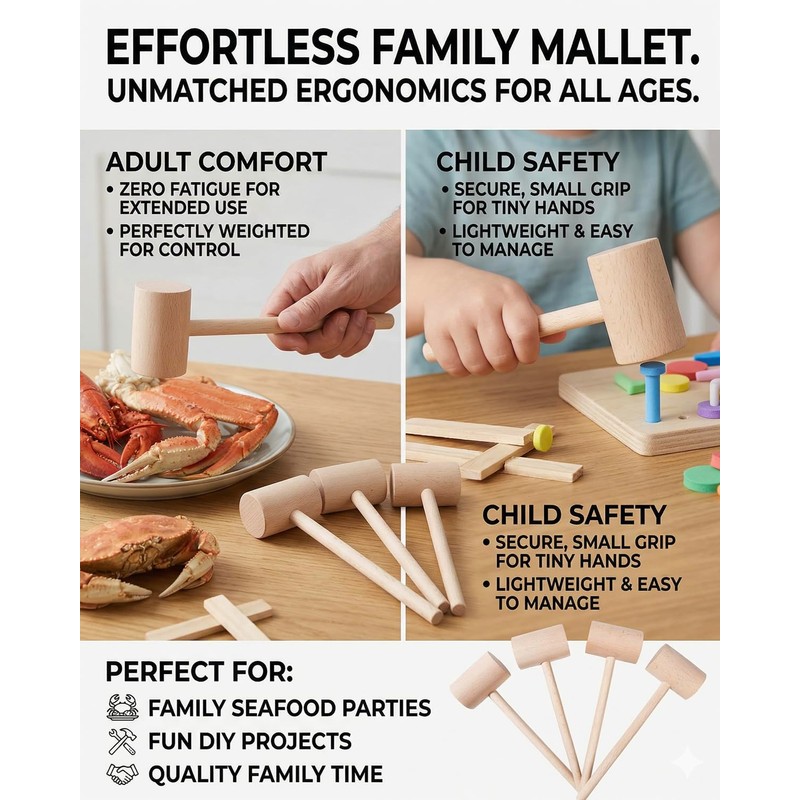 TooWoom 4Pcs Wooden Hammers, Mini Natural Hardwood Mallets Cracker Set