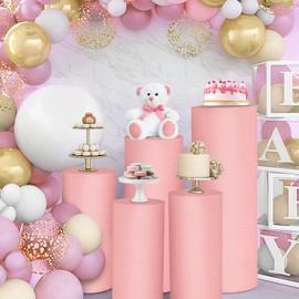 Babenest Dusty Pink Cylinder Pedestal Stand Covers Set of 5, Spandex Vintage Fitted Round Pedestal Covers, Elastic Cloth Pillar Plinth Cover for Birthday Wedding Party Decoration(Without Stands)