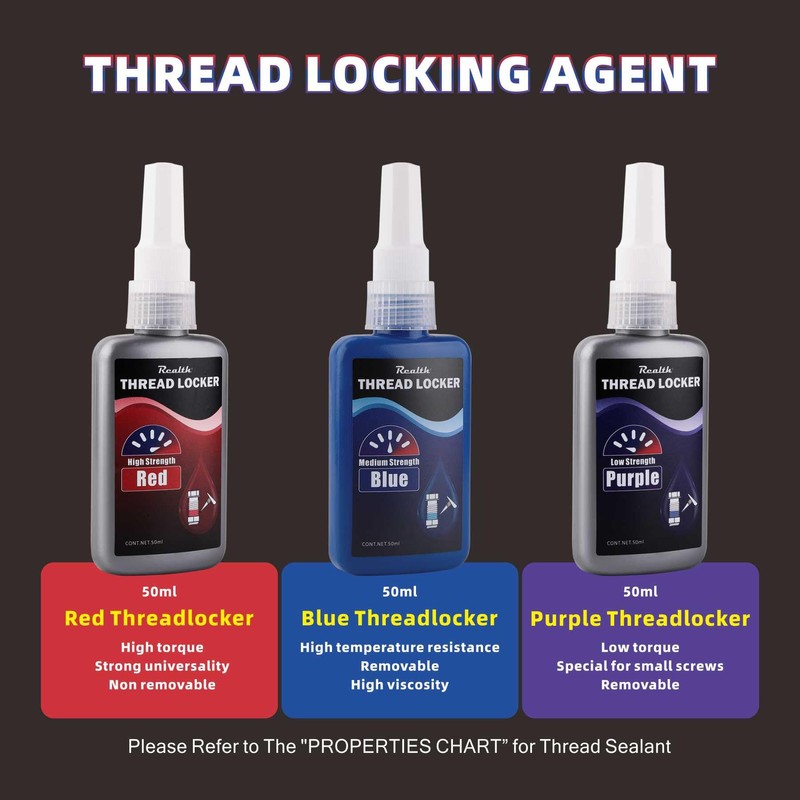 Realth 50ml-3 Pack Threadlocker Purple Blue and Red M222 M243