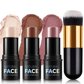Contour Highlighter Makeup Stick Kit - 3Pcs Cream Contour Bronzer Sick Blush Sticks with Brush Waterproof Long Lasting Smooth Beauty Wand for All Skin Type (Set C, 6g)
