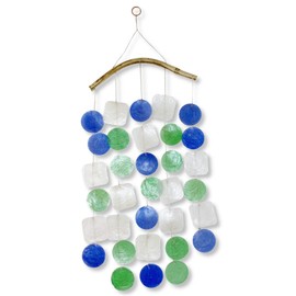 JS Beach Gifts Ocean Capiz Wind Chime Mobile with Bamboo Hanger - 18" Long Blue Green Windchime