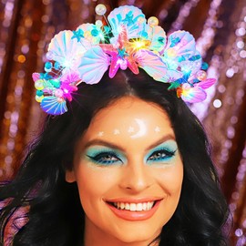 Earent Tiaras Y Coronas Con Forma De Sirena Y Estrellas De Mar Iluminadas, Diadema Con Corona De Conchas Marinas Con Múltiples Luces Led, Accesorios Para El Cabello D De Colores Talla Libre