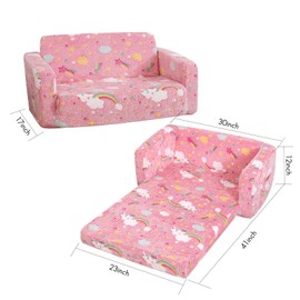 Dormlony Foldable Kids Sofa Extra Wide for 2 Seats, Soft Kids Fold Out Couch Glow in The Dark,Convertible Sofa to Lounger Toddler Sofa Chair(Rainbow)