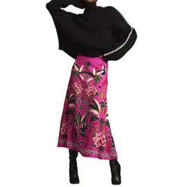 THLAI Womens Skirt Midi Skirt Tropical Plant Print Pink Zipper A-Line Long Skirts Spring Summer Skirt Floral