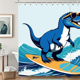 rzzlp Cute Dinosaur Surfing Ocean Shower Curtain,Dino Bathroom Shower Curtains Bathtub Home Decor Waterproof Fabric Machine Washable with 12 Hooks 72''×72''