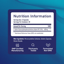Alpha GPC Colina 600MG - Suplemento Nootrópico para Memoria, Enfoque y Energía con BioPerine | 60 Cápsulas | Vegetariano, Sin Gluten, Probado por Terceros