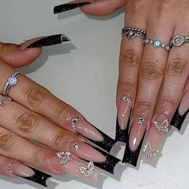 POKENGDA Coffin Acrylic Fake Nails Design,Nail glue included,Long Press on Nails,Reusable Acrylic Daily Shiny False Nail Kits for Women