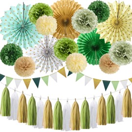 Sage Green Party Decorations Retro Green Paper Fan Birthday Baby Shower Tissue Pom Poms Streamers Bachelorette Party Supplies Tassel Garland Banner Wedding Decor