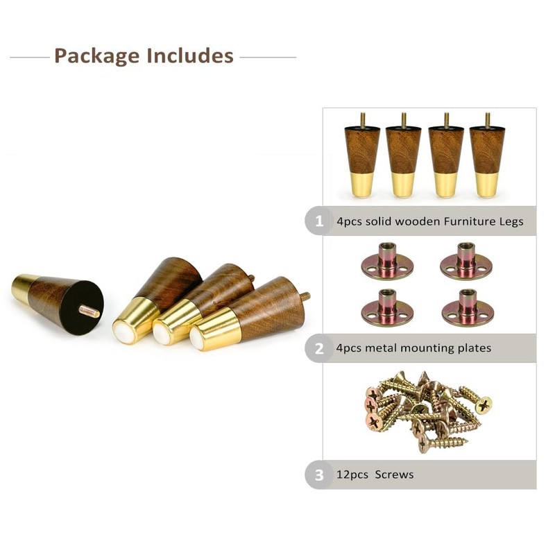 Vilanca 10cm Wooden Furniture Legs with Gold Cap Set of
