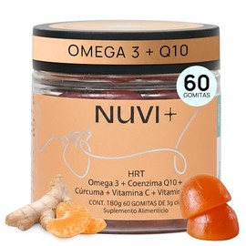 NUVI Gomitas de Omega 3 con Coenzima Q10, Crcuma, Vitamina C y D3  Suplemento Natural sin Azcar  60 Gomitas Mandarina  Omega3 EPA DHA  Aceite de salmn