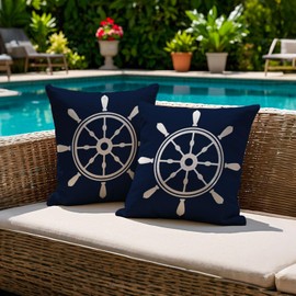Jayusaror Outdoor Cushion Cover, 40 x 40 cm, Weatherproof, Blue Cushion Cover, Maritime Rudder, Summer Cushion Covers, Nautical Cushion, Decorative Cushion Covers for Sofa, Living Room, Garden