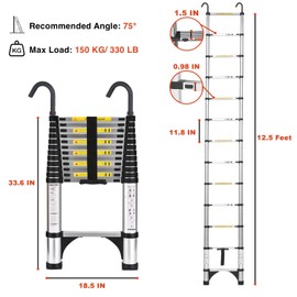 Telescoping Ladder, 12.5 FT Aluminum Lightweight Extension Ladder with 2 Stable Hooks, 2 Triangle Stabilizers & Non-Slip Feet, Heavy Duty 330 Lbs Max Capacity, Ideal for Home, RV & Outdoor Work