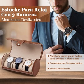 Caja de Reloj con 3 Ranuras, Watch Roll de Viaje Organizador Cuero PU Relojero Estuche de Exhibición Almacenamiento Espacios de 3 Relojes Enrollable con Almohadas de Espuma Extraíble para Hombre Mujer
