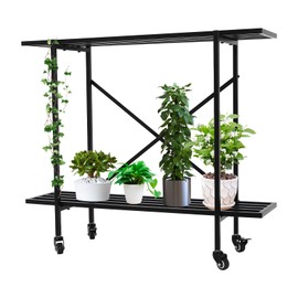 YIYIBYUS 2 Tier Metal Plant Stand, Heavy Duty Potted Flower Holder Narrow Plant Stand Indoor and Outdoor,Plant Shelf Planter Display Shelving for Patio Garden, Balcony, Living Room (Black w/ Wheels)