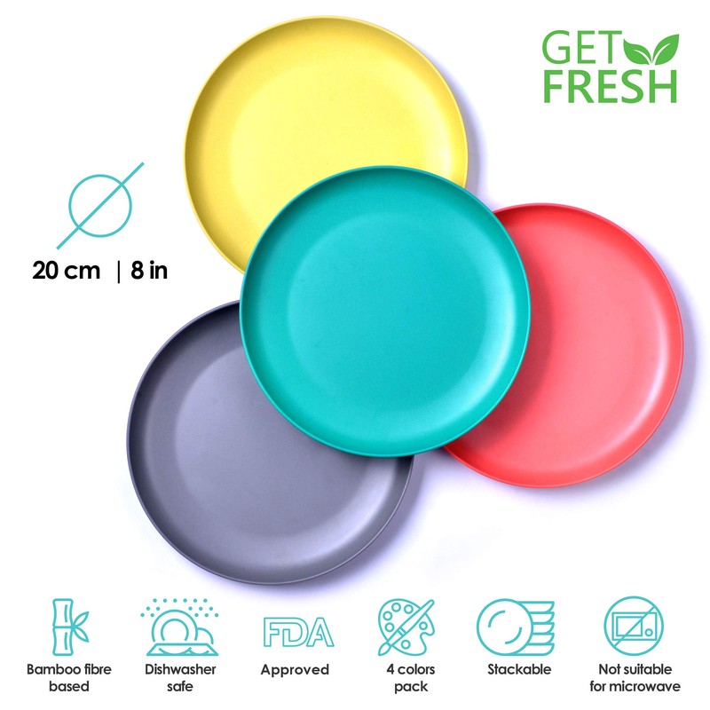 GET FRESH Bamboo Kids Plates Set 4-pack Reusable Dinner Plates