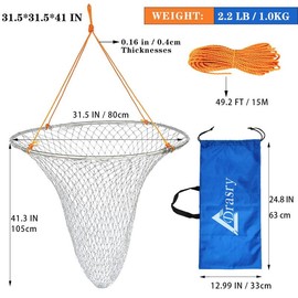 Drasry Foldable Bridge and Pier Fishing Net Landing Net High Load-Bearing Aluminum Ring Drop Net for Saltwater Freshwater Pier Fishing Baskets Net Collapsible with 49.2 FT Rope - Color: 31.5*31.5*41 IN / 80*80*104cm