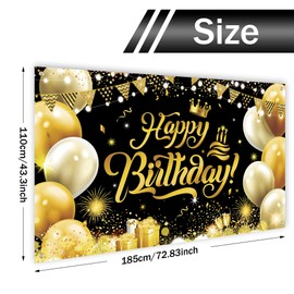 Large Happy Birthday Banner, Black Gold Decor, Large Banner Background Party Backdrop for Men & Women, Outdoor & Indoor Use