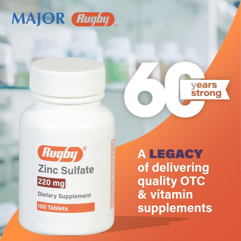 Rugby Zinc Sulfate 220 mg Tablets - Made with Zinc