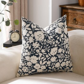VAKADO Farmhouse Block Print Throw Pillow Covers 18X18 Set of 1 Vintage Outdoor Decorative Floral Cute Print Flower Soft Home Decor for Bedroom Sofa Chair Porch, Black