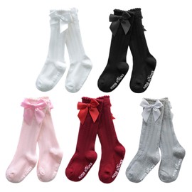 XPXGMT Pack of 5 Cotton Knee Socks Baby Girl Socks Bow Knee Socks School Uniform Socks 0-3 Years, Style 3