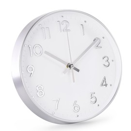 bakbrand Wall Clock Silent Modern Round Decor Clock Non-Ticking Battery Operated Stereoscopic Dial Analog Wall Clocks for Living Room/Bedroom/Office/Kitchen (White-Silver, 8 inch)