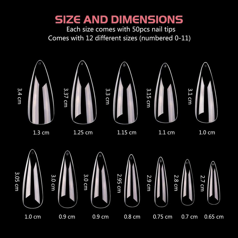 600 Pieces Long False Nails Stiletto FITDON Transparent Full Cover