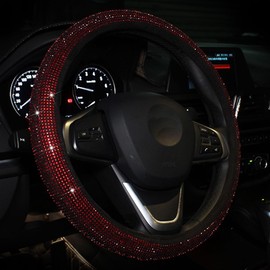 Car Bling Steering Wheel Cover for Women Girls Burgundy 15 Inch Universal Red Crystal Rhinestone Diamonds Bling Bling Accessories Anti-Slip Wheel Protector