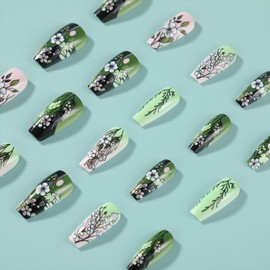 Tyuimhx Flowers Press on Nails Medium Coffin Fake Nails With Green Leaves Designs Spring Summer False Nails Glossy Full Cover Stick on Nails Acrylic Artificial Nails for Women Glue on Nails 24 Pcs