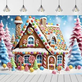 Christmas Gingerbread House Backdrop for Photoshoot Lollipop Candyland Baby Shower Birthday Party Decorations Candy Family Party Children Portrait Photo Shoot Background (5X3FT)