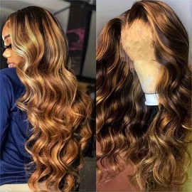 200 Density Highlight Ombre Lace Front Wig Human Hair 13x4 HD 4/27 Honey Blonde Lace Frontal Wigs Pre Plucked with Baby Hair Colored Body Wave Lace Front wig Human Hair Natural Hairline:_Orange-red_30inch