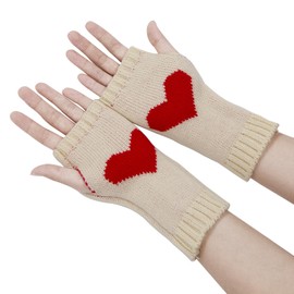 YAMEIZE Y2K Fingerless Love Heart Knitted Gloves for Women Men Winter Heart Fingerless Gloves Knitted Party Outdoor, beige