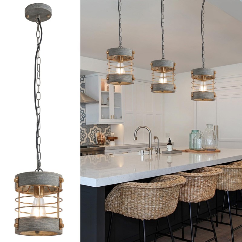 wochos Farmhouse Pendant Light, Adjustable Metal and Wood Chandelier Light
