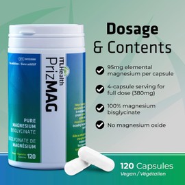 PrizMAG Pure Magnesium Bisglycinate, 380mg of Mag Per Serving | Gentle & High Absorption Magnesium Glycinate Capsules Made in Canada - 120 Capsules