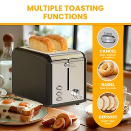 Simple Deluxe 2-Slice Toaster, Stainless Steel Toaster, 6 Browning Setting and 3 Function, Extra Wide Slot & Removable Crumb Tray, for Bread & Waffle, Black