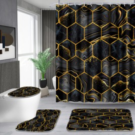 Poedist Shower Curtain Set with Rugs,Bathroom Accessory Set, Including Non-Slip Rugs,Toilet Lid Cover and Bath Mat, Waterproof Shower Curtain with 12 Hooks,Black