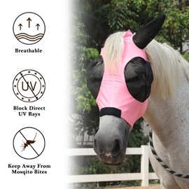 Gallopoff Stretchy Horse Fly Mask, No-Rub Comfort Fit, Skin-Safe Mesh Eyes & Ears Cover with UV Protection, Tangle-Free for Mane & Forelock, Enhanced Visibility Pink Full