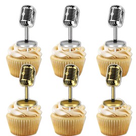 18pcs Gold Silver Glitter Microphone Dessert Cupcake Topper for Music KTV Let's Party Theme Decor Supplies Happy Birthday Anniversary Wedding Party Decoration