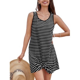 CUPSHE Women's Cover Up Beach Dress Airy Round Neck Sleeveless Twisted Waffle Knit Short Beach Poncho Summer Beach Mini Dress, Black/White Stripes