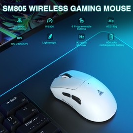 SM805 Lightweight Wireless Gaming Mouse,24000 DPI,Tri-Modes connection,BT/Type-C Wired/2.4G Wireless Mouse Gaming with 2 Side Buttons, Engineering Grip Mouse with Custom Programming for Gamer,white