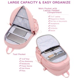 Laptop Backpack 15.6 Inch Elementary Middle High School Bag College Backpacks with Lunch Box Pencil Pouch 3 PCS Set Travel Bookbags for Teens Girls Women Students (Pink)