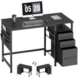Ｍａｉｈａｉｌ Maihail Small Desk with Drawers, 40 inch Computer Desk with Shelves, Writing Desk with Storage, Small Office Desk with Metal Frame, Black