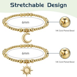 Dainty Bracelets for Women, 14k Gold Plated Charms Bracelet Non Tarnish Waterproof Bangle Bracelets Sun and Moon Jewelry Set for for Couples Friendship Men Women Thanksgiving Christmas